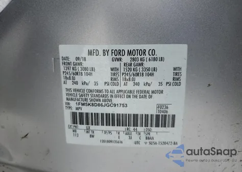 2018 Ford Explorer Xlt из США, поврежденный, VIN 1FM5K8D86JGC91753